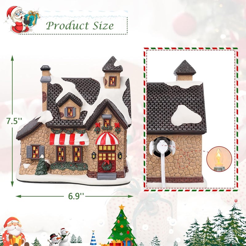 VCUTEKA Christmas Village House Lighted Indoor Decorations Gingerbread House with LED Light Christmas Village Collectible Buildings Figurines Ceramic Shop House Light up Figurine for Holiday Xmas Decor - Image 4